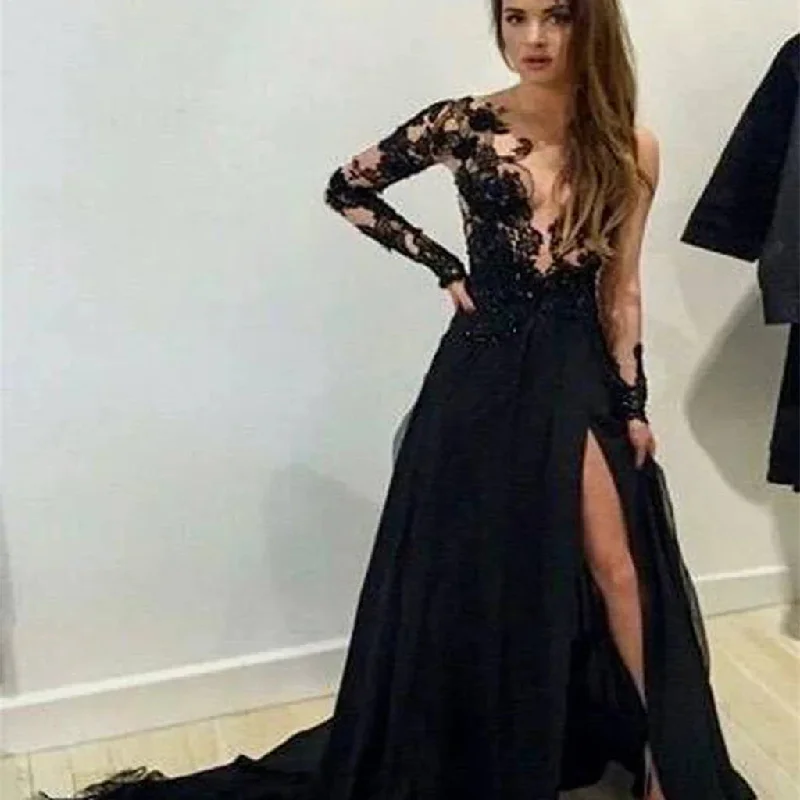 Long Sleeves Black Lace Chiffon Floor Length Party Dress ,Custom Dress, Party Cocktail Dress ,PDY0303 Crew Neckline Sporty Long Sleeves Black Lace Chiffon Floor Length Party Dress ,Custom Dress, Party Cocktail Dress ,PDY0303 Crew Neckline Sporty