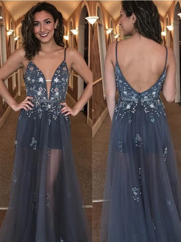 Gorgeous A-line Straps V-neck Backless Grey Long Tulle Prom Dress,Evening Party Dress ,PDY0377 Tunics Trousers formal Gorgeous A-line Straps V-neck Backless Grey Long Tulle Prom Dress,Evening Party Dress ,PDY0377 Tunics Trousers formal