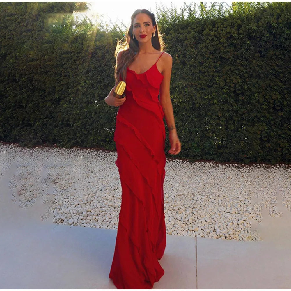 Bonnyshow Red Chiffon Ruffle Long Dress Women Elegant Spaghetti Strap Slim Evening Party Dresses Summer Sexy Backless Holiday Dress 2024 Tunics Prom sequined Bonnyshow Red Chiffon Ruffle Long Dress Women Elegant Spaghetti Strap Slim Evening Party Dresses Summer Sexy Backless Holiday Dress 2024 Tunics Prom sequined