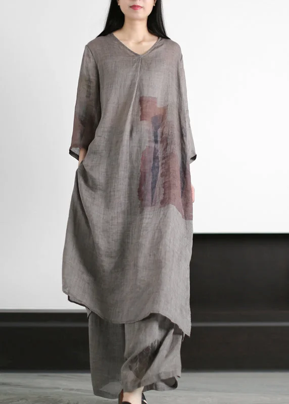 Vintage Grey V Neck Print Side Open Linen Dress And Wide Leg Pant Two Pieces Set Summer Comfy High-Waist Jeans Vintage Grey V Neck Print Side Open Linen Dress And Wide Leg Pant Two Pieces Set Summer Comfy High-Waist Jeans