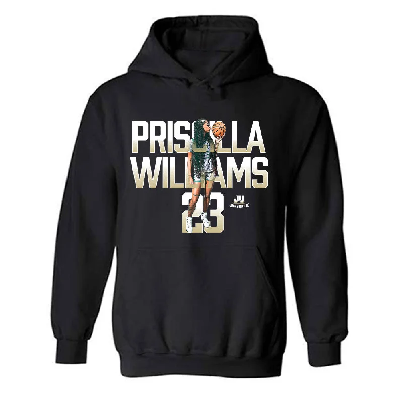 Jacksonville - NCAA Women's Basketball : Priscilla Williams - Player Collage Hooded Sweatshirt Hoodie with Hem Applique Textured Unique Jacksonville - NCAA Women's Basketball : Priscilla Williams - Player Collage Hooded Sweatshirt Hoodie with Hem Applique Textured Unique