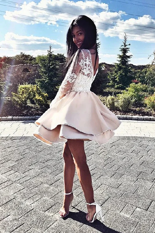 Champagne Satin Homecoming Dress Long Sleeve Party Dress Tunics Versatile stylish