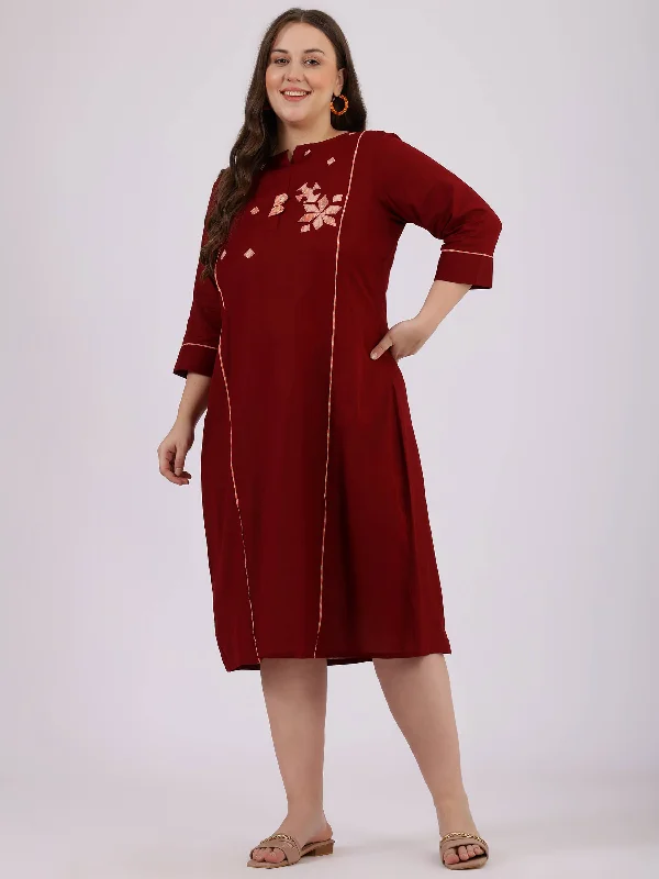 Women's Maroon Cotton Embroidered Dress - Curvy Lane Tunics Wedding white