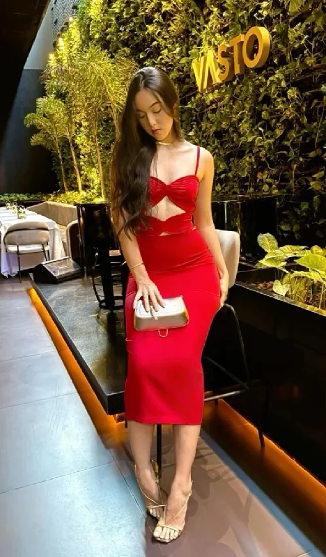 Spaghetti Straps Red Sheath Midi Length Formal Party Dress MD7715 Tunics Party sparkling