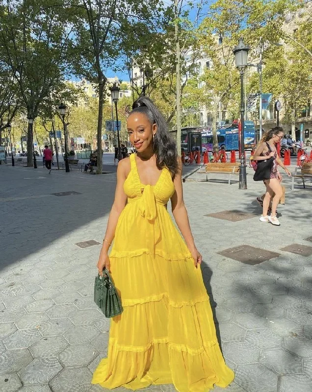 Yellow V Neck A-Line Long Party Dress Wedding Guest Dress, D74 Tunics Custom made