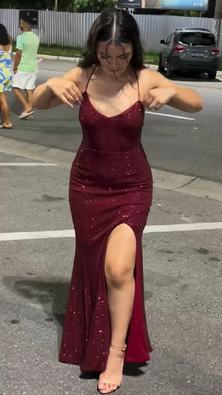 Shiny Burgundy Straps Sheath Long Party Dress Evening Gown, D209 Boat Neckline Classic