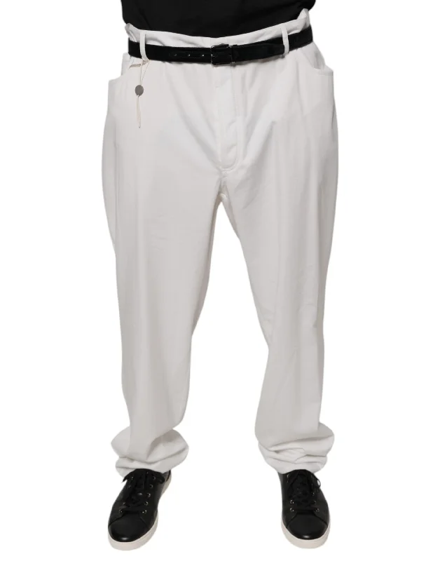 White Cotton Men Dress Tapered Pants Elegant High-Waist Pants
