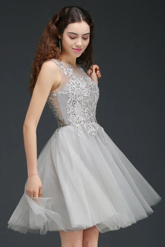 Chic Lace Tulle Short Homecoming Dress Sleeveless Appliques Knee Length Party Dress A-Line Day Work