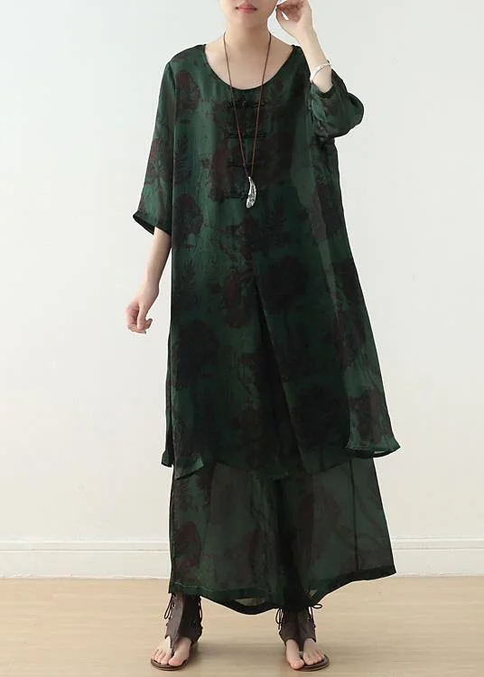 Summer green Chinese Button Print o Neck Silk Satin Top Wide Leg Pants Two Piece Soft Cotton Pants