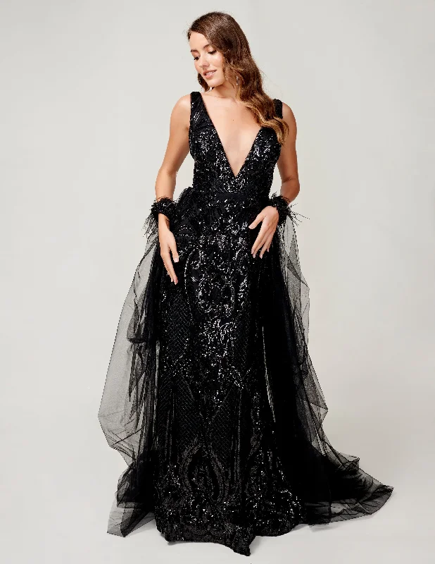 Nina Canacci 8224 Size 8 Black Sequin Pageant Dress Feather Cuff Overskirt Cape Gown Fitted V Neck Tunics Office stylish