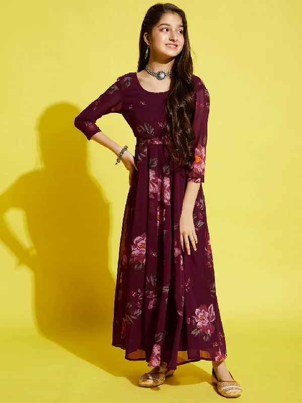 Girl's Burgundy Georgette Printed Dress - Cherry & Jerry Boat Neckline Classic