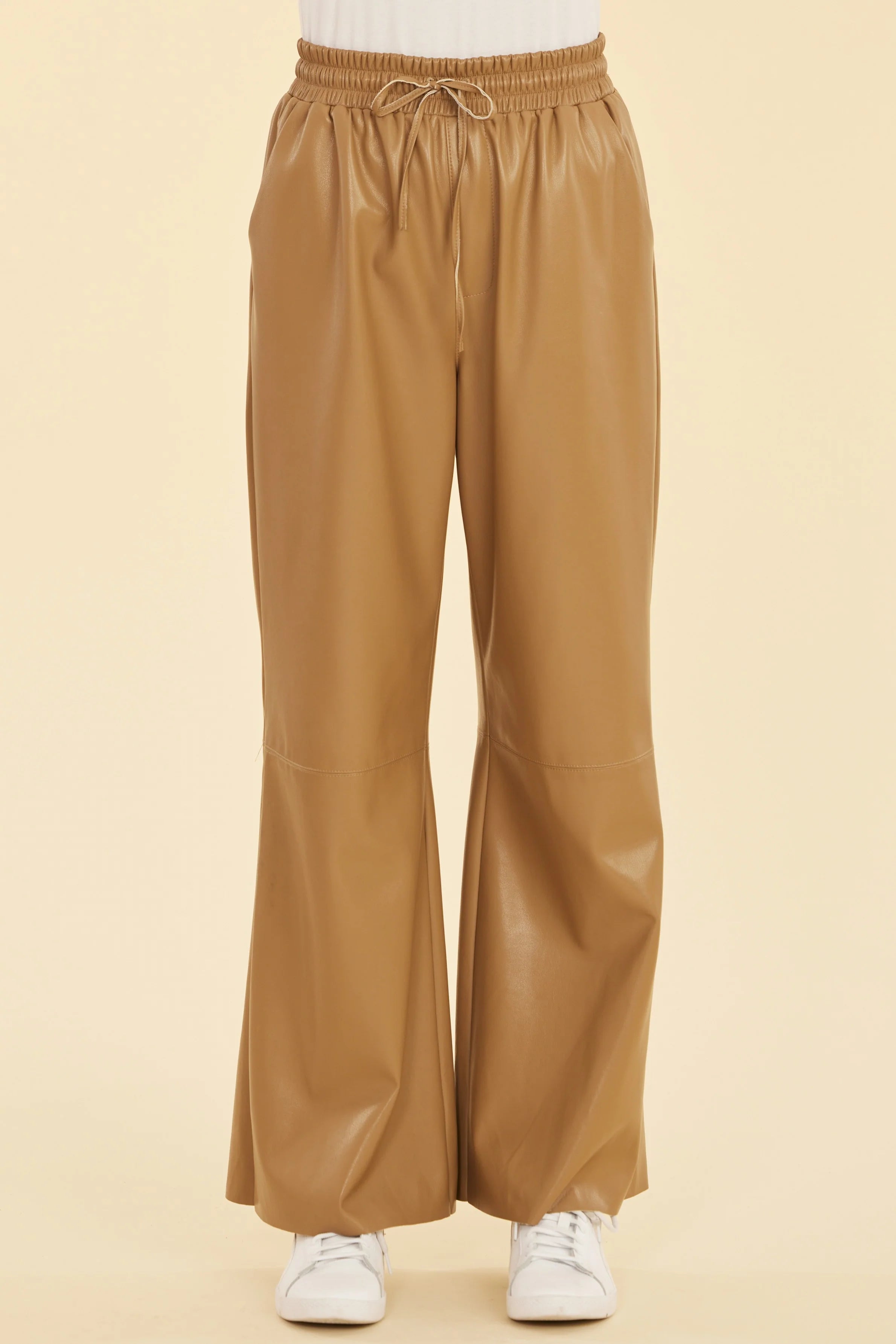 Dolce Cabo Faux Leather Drawstring Pant Trendy Wide-Legged Trousers