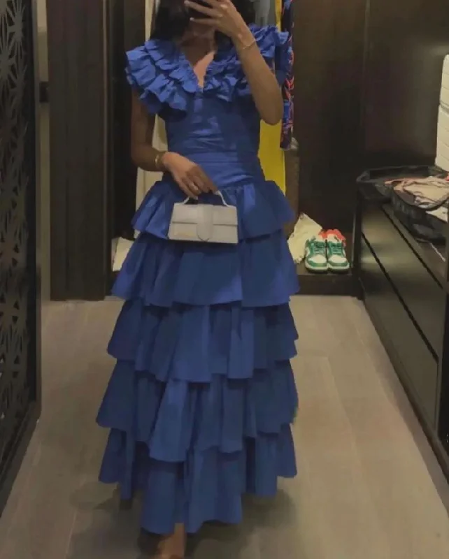 Royal Blue A-Line V Neck Tiered Long Party Dress Wedding Guest Dress MD7511 Tunics New arrival Royal Blue A-Line V Neck Tiered Long Party Dress Wedding Guest Dress MD7511 Tunics New arrival