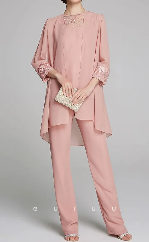 GM066 - Pantsuit Jewel Neck Floor Length Lace 34 Length Sleeve Chiffon Mother of the Bride Dress Wrap Included Chic Slim Fit Pants GM066 - Pantsuit Jewel Neck Floor Length Lace 34 Length Sleeve Chiffon Mother of the Bride Dress Wrap Included Chic Slim Fit Pants