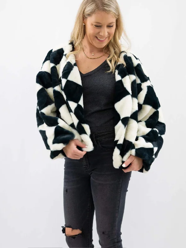 White and Black Checkered Board Faux Fur Jacket Fleece Jacket Down Jacket Feather Jacket White and Black Checkered Board Faux Fur Jacket Fleece Jacket Down Jacket Feather Jacket