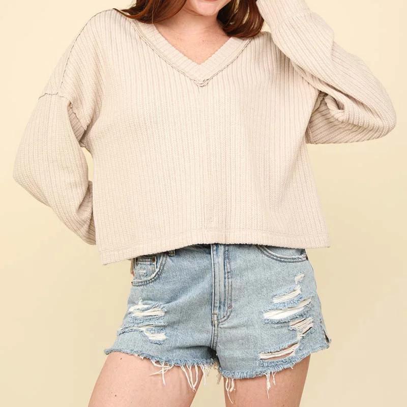 V-Neck Ribbed Cut Sew Sweater Solid Color Striped Floral Print