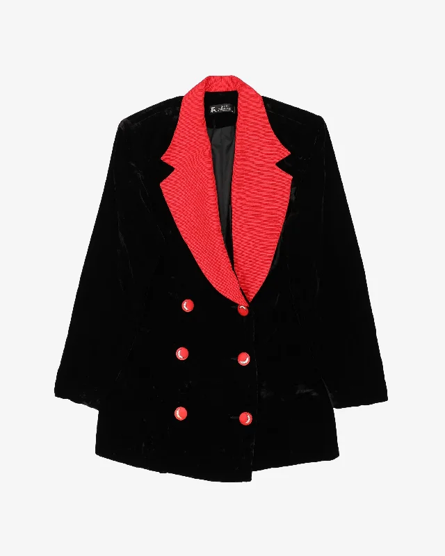 1990s Black Velvet With Red Collar Blazer Jacket - XS /S Striped Jacket Polka Dot Jacket Floral Jacket 1990s Black Velvet With Red Collar Blazer Jacket - XS /S Striped Jacket Polka Dot Jacket Floral Jacket