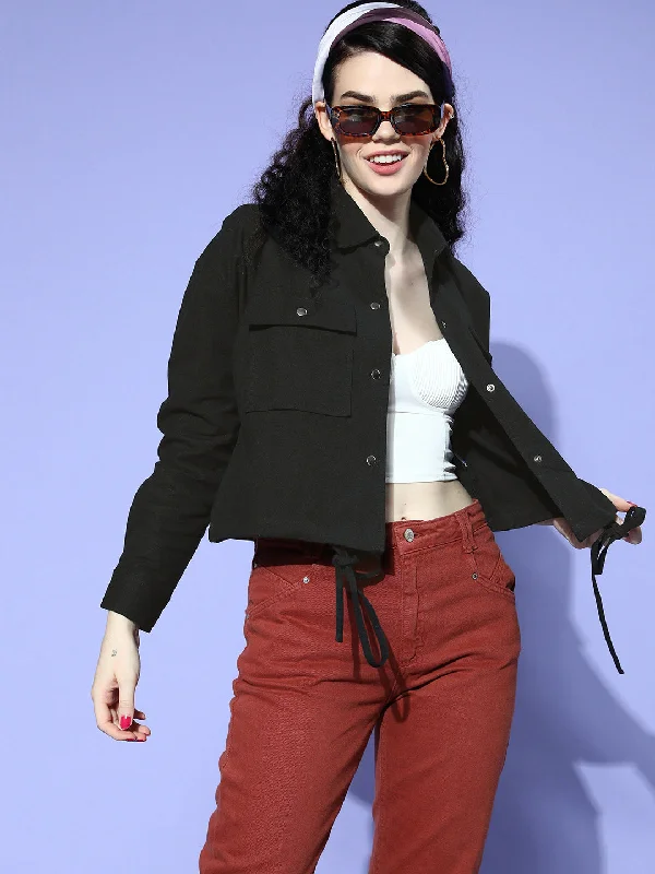 Berrylush Women Solid Black Spread Collar Neck Front Snap-Button Cotton Straight Hem Regular Jacket Cotton Jacket Linen Jacket Terry Jacket Berrylush Women Solid Black Spread Collar Neck Front Snap-Button Cotton Straight Hem Regular Jacket Cotton Jacket Linen Jacket Terry Jacket