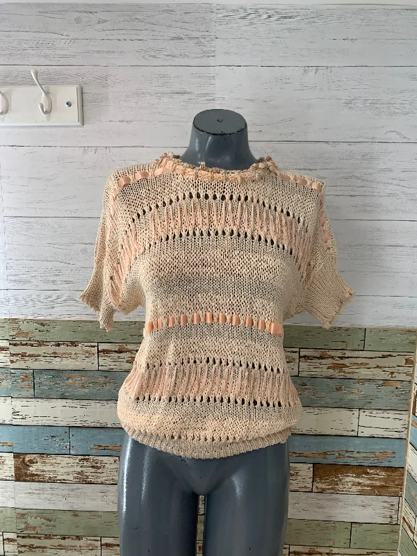80’s Short Sleeves Acrylic and Ribbon Sweater Embroidered Appliqued Beaded