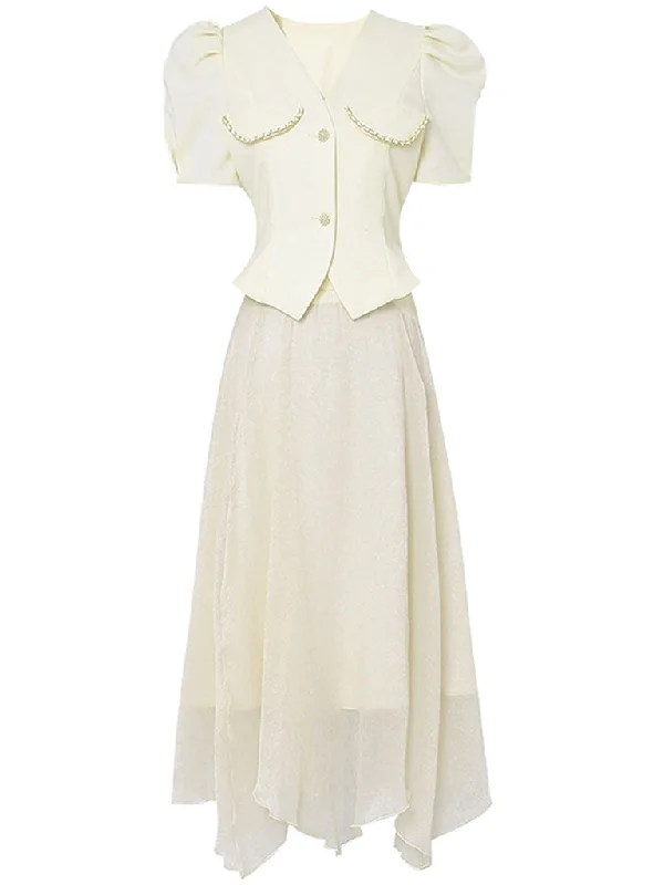 2PS Apricot V Neck Puff Sleeve Top And Irregular Gauze Skirt Set low waist skirt