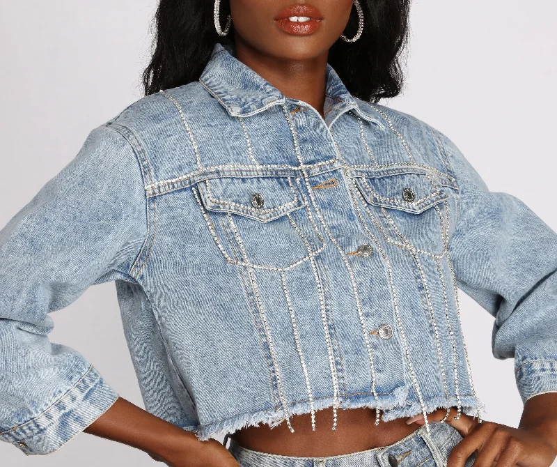 Drippin' In Rhinestones Crop Denim Jacket Zip Front Button Front Snap Front
