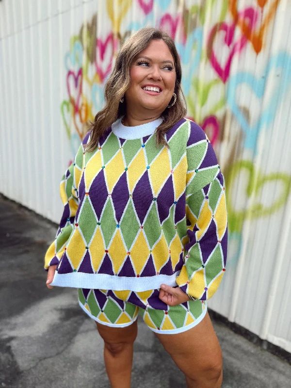 Queen of Sparkles Multi Mardi Gras Diamond Pattern Sweater Terry Blend Velvet Blend Canvas Blend Queen of Sparkles Multi Mardi Gras Diamond Pattern Sweater Terry Blend Velvet Blend Canvas Blend