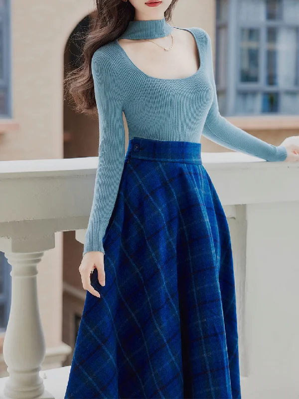 2 Piece Lake Blue Hollow Out Mock Neck Sweater and Blue Plaid Swing Skirt Set chiffon skirt flowing 2 Piece Lake Blue Hollow Out Mock Neck Sweater and Blue Plaid Swing Skirt Set chiffon skirt flowing