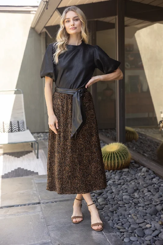 VOY Leopard Print Faux Leather Waist Tie Midi Skirt corduroy skirt cozy