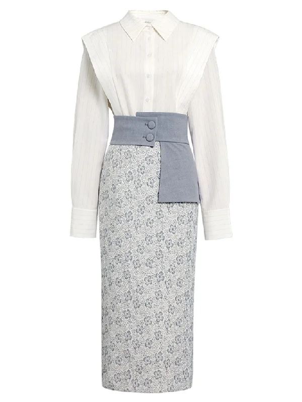 2PS White Vertical Stripes 1950S Vintage Classic Top And Blue Floral Print High Waist Skirt Suit With Belt flowy skirt hem