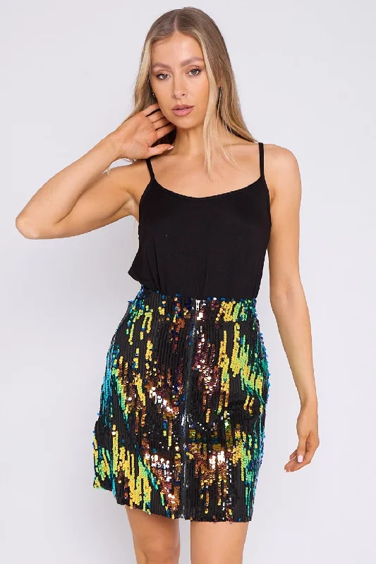 Skylar Multicolour Sequin Mini Skirt by Aftershock London silk skirt lustrous