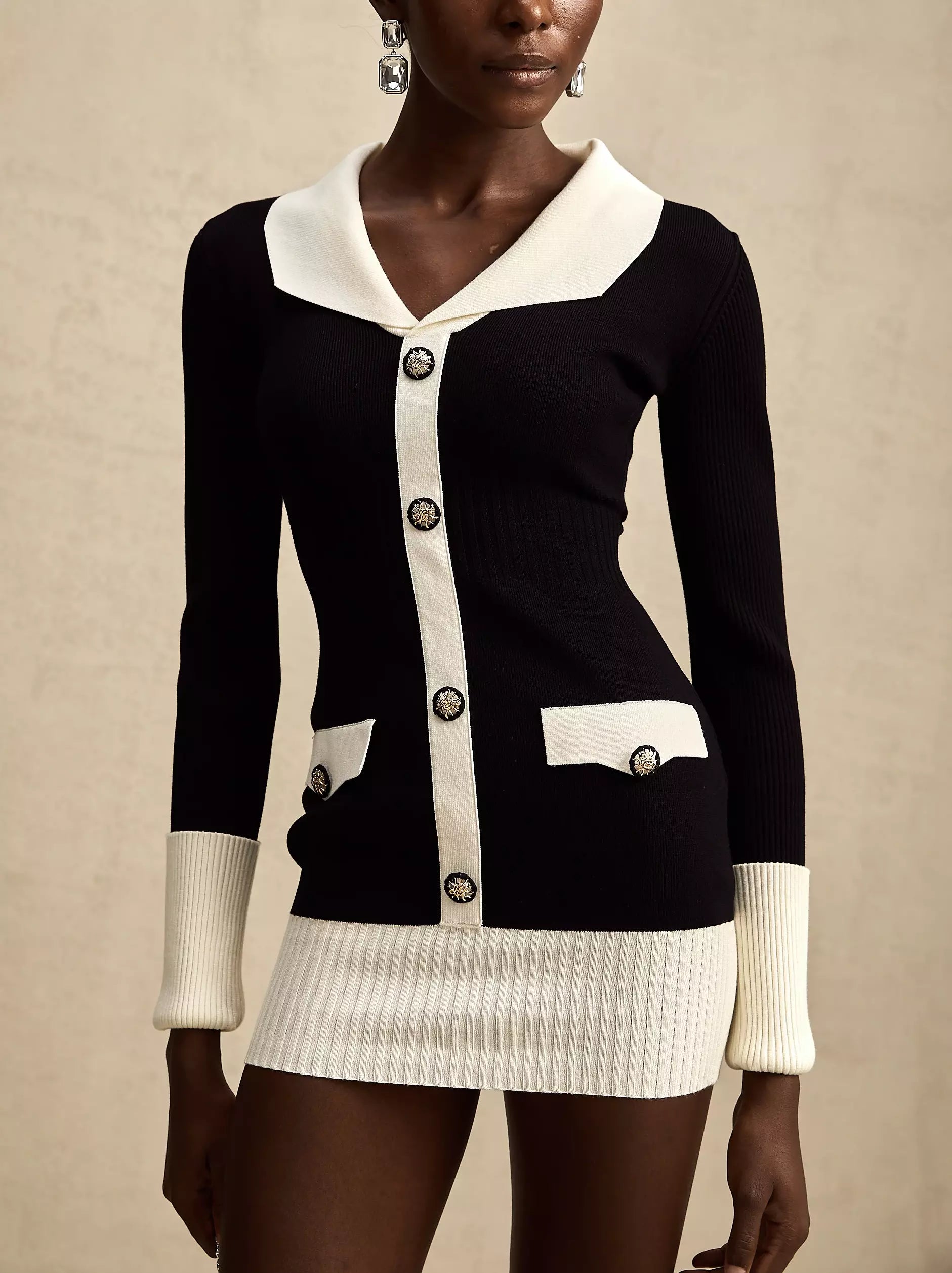 Bicolor Ribbed Knit Mini Sweater Dress Rayon Fabric Velvet Fabric Corduroy Fabric
