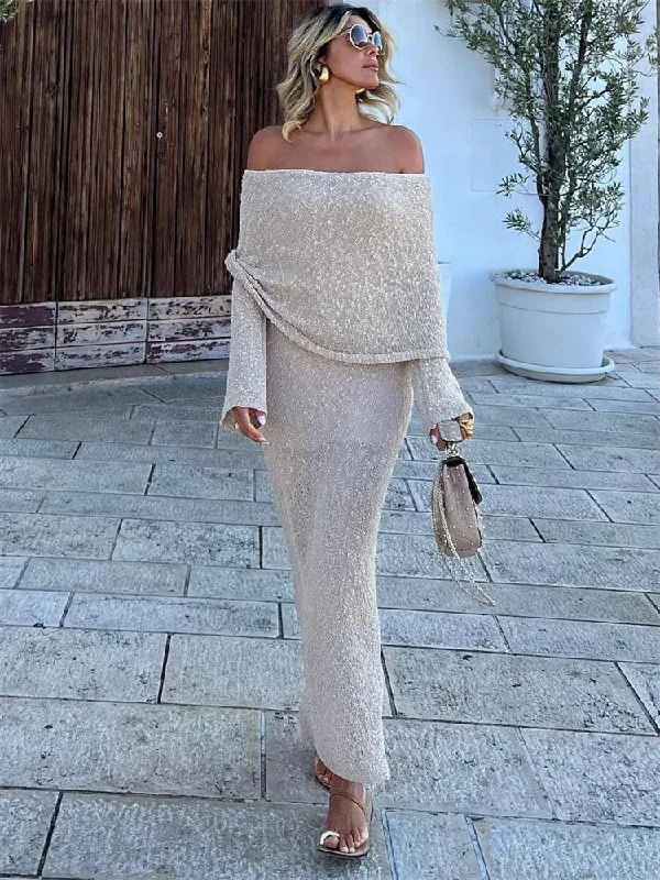 Knit Sweater Loose Maxi Dress Female Hollow Out Summer Patchwork High Waist Beach Holiday Dress Knitwear Long Dress Glossy Satin Silk