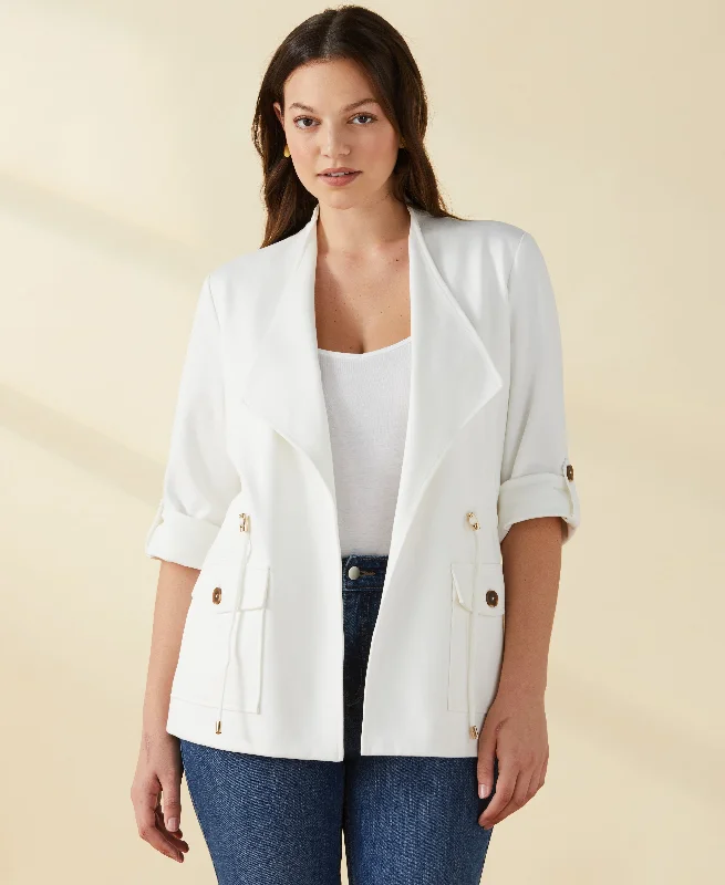 Ponte Knit Drape Front Jacket Front Pockets Side Pockets Patch Pockets