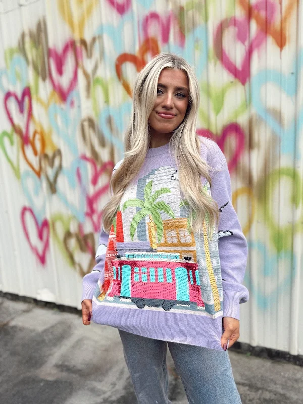Queen of Sparkles Lavender Canal Street With Streetcar Sweater Toggled Drawstring Belted Queen of Sparkles Lavender Canal Street With Streetcar Sweater Toggled Drawstring Belted