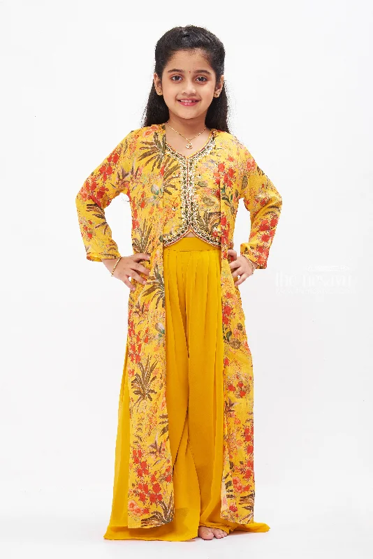 Floral Crop Top and Palazzo Pant Set with Jacket for Girls - Sunny Yellow Nylon Fabric Polyester Fabric Spandex Fabric Floral Crop Top and Palazzo Pant Set with Jacket for Girls - Sunny Yellow Nylon Fabric Polyester Fabric Spandex Fabric