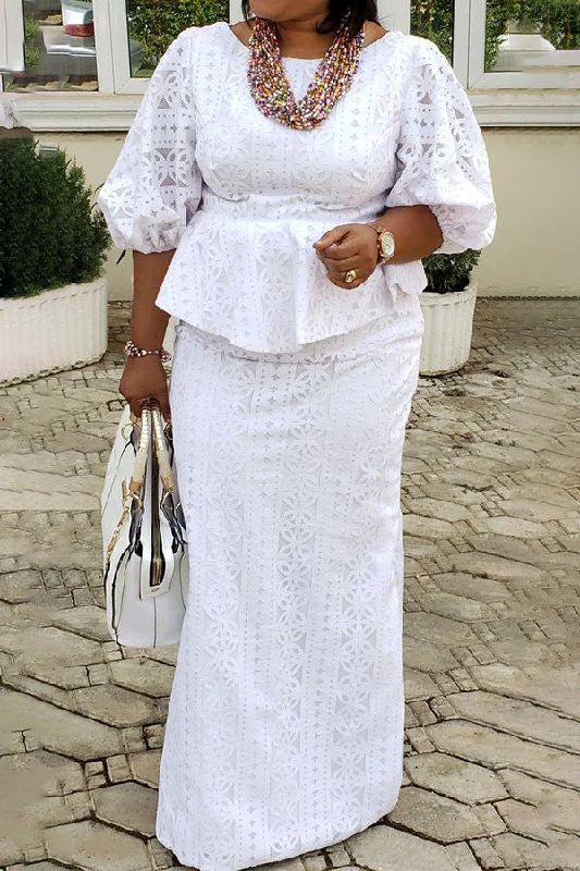 Solid Color Puff Sleeve Sophisticated Peplum Skirt Suit lace skirt delicate