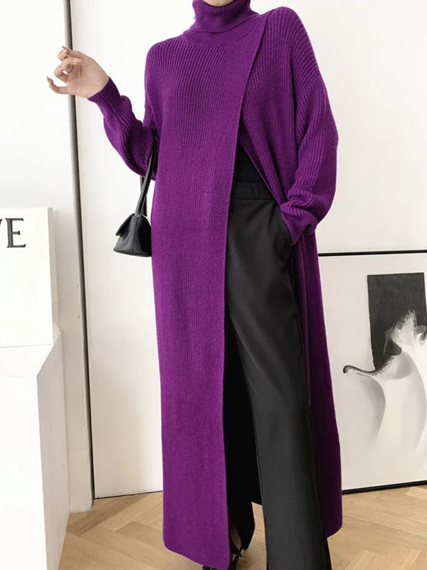 Cinessd Original Loose Solid Color Split-Front Sweater Dress Tailored Straight A-Line Cinessd Original Loose Solid Color Split-Front Sweater Dress Tailored Straight A-Line