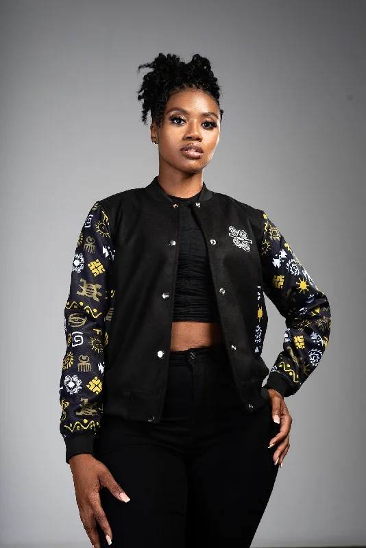 Ladies - Adinkra Varsity Jacket (OLG) Satin Fabric Silk Fabric Chiffon Fabric