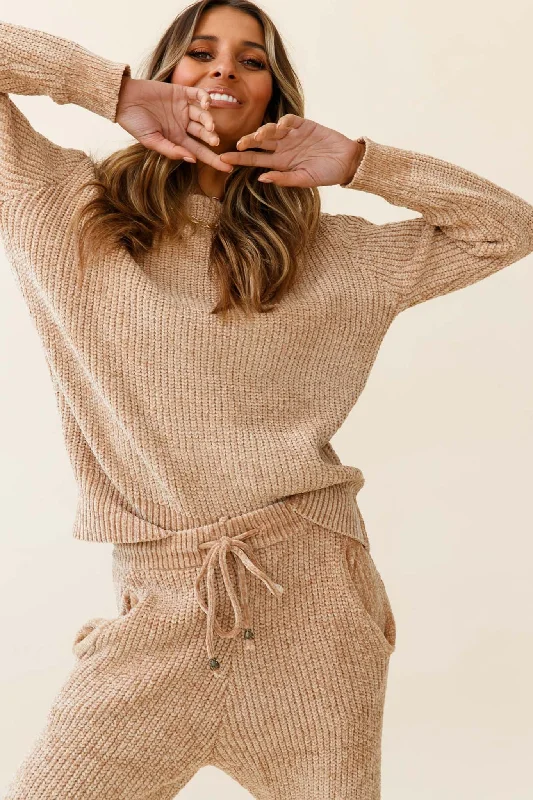 Robin Long Sleeve Ribbed Knit Sweater Tan Stretchy Elastic Breathable