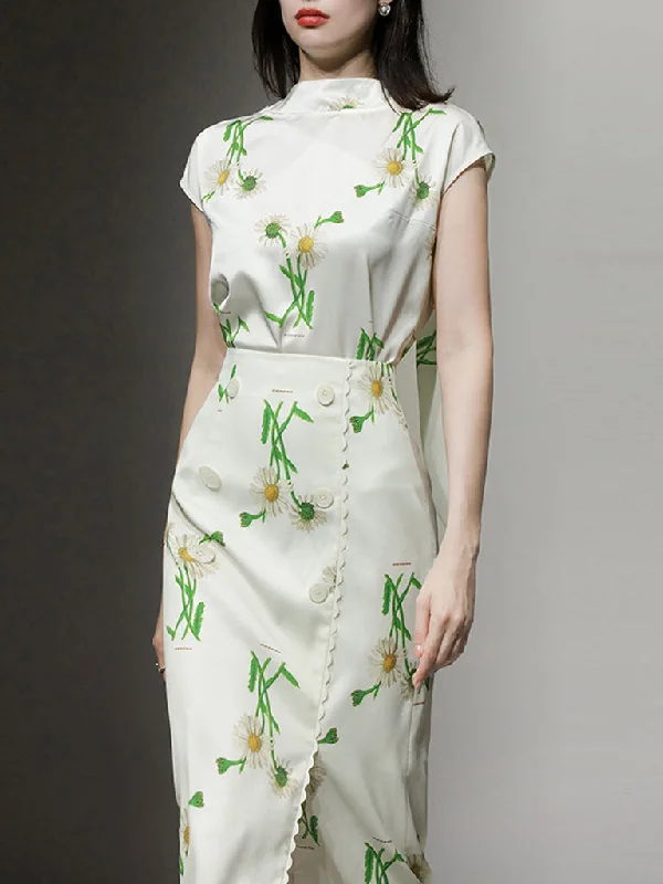 2PS White Retro Stand Collar Satin Printed Top With Ribbon And Wrapped Skirt Suit wool skirt sturdy 2PS White Retro Stand Collar Satin Printed Top With Ribbon And Wrapped Skirt Suit wool skirt sturdy