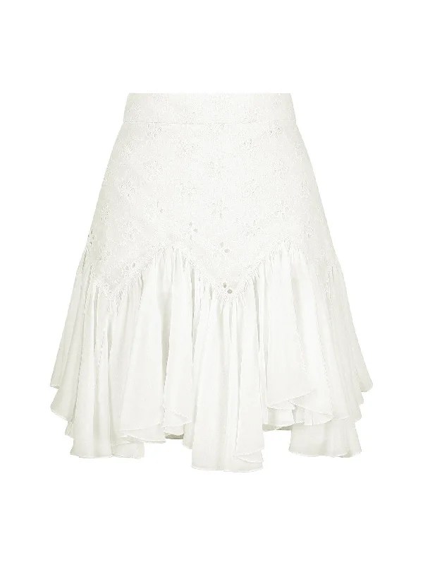 Flounce Detailed Embroidered Skirt White chiffon skirt lightweight
