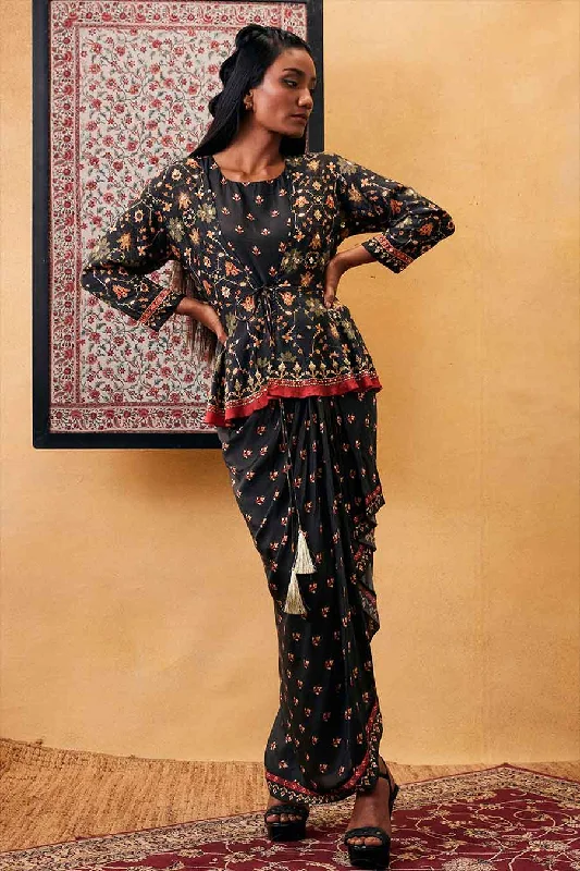 Zahra Printed Skirt Set With Peplum Top linen skirt natural