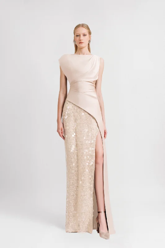 Asymmetrical Satin Gown with Sequined Skirt velvet skirt luxurious
