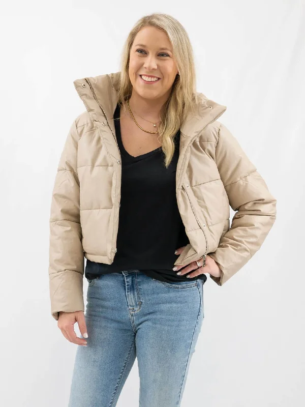 Taupe Vegan Leather Puffer Jacket Welt Pockets Slit Pockets Flap Pockets