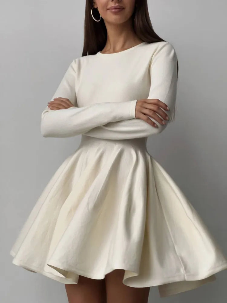 Elegant Long Sleeve Mini Dress Sweater Women Winter O Neck Tight Sexy Chic Pleated Skirt Basic Female Knit Jumper Fitted Loose Oversized