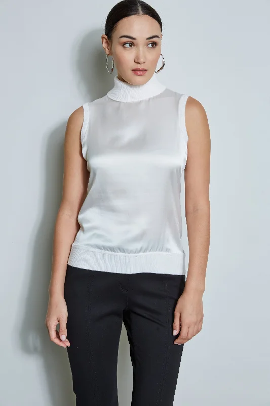 Sleeveless Satin Front Sweater Boat Neck Shawl Collar Notched Collar