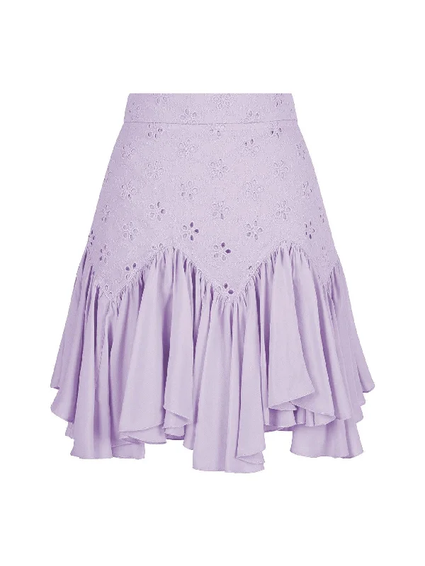 Flounce Detailed Embroidered Skirt Lilac wool skirt breathable
