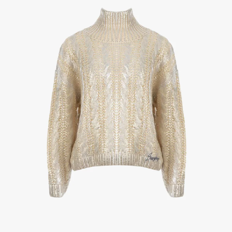 Sissy Boy Womens Metallic Polo Knit Sweater Silver Chenille Brocade Lace