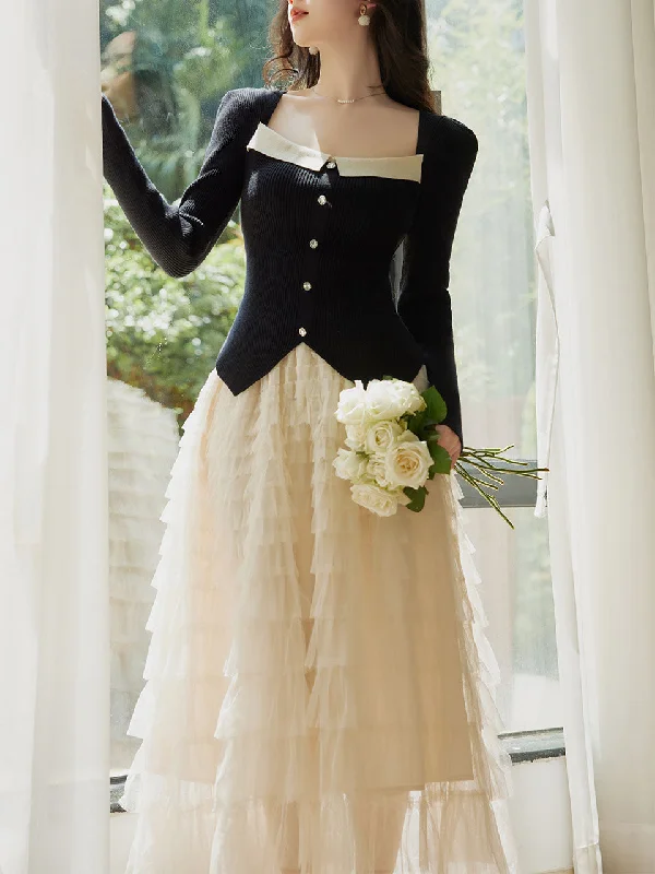 2PS Black Sweater And Tulle Cupcake Swing Skirt 1950S Vintage Outfits velvet skirt glossy