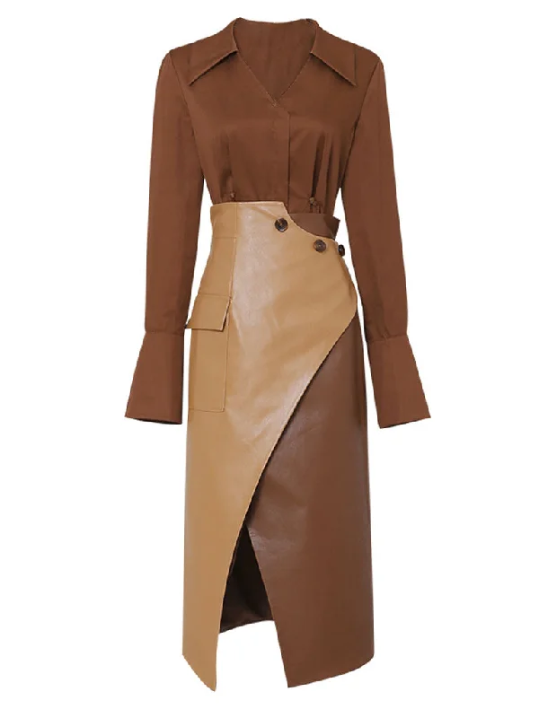 2PS Brown 1950S Vintage V Neck Classic Top And Brown Irregular Pu Skirt Suit cashmere skirt soft 2PS Brown 1950S Vintage V Neck Classic Top And Brown Irregular Pu Skirt Suit cashmere skirt soft